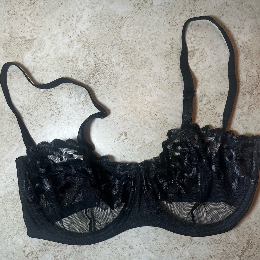 Adored by Adore Me Black Floral Mesh Sheer‎ Balconette Underwired Bra Women 34D